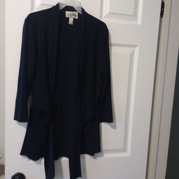 Joseph Ribkoff size 12 Navy Stretch Knit Open Front Tie Jacket Office Business - Picture 1 of 4